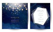 Magic night dark blue cards with sparkling glitter bokeh and line art