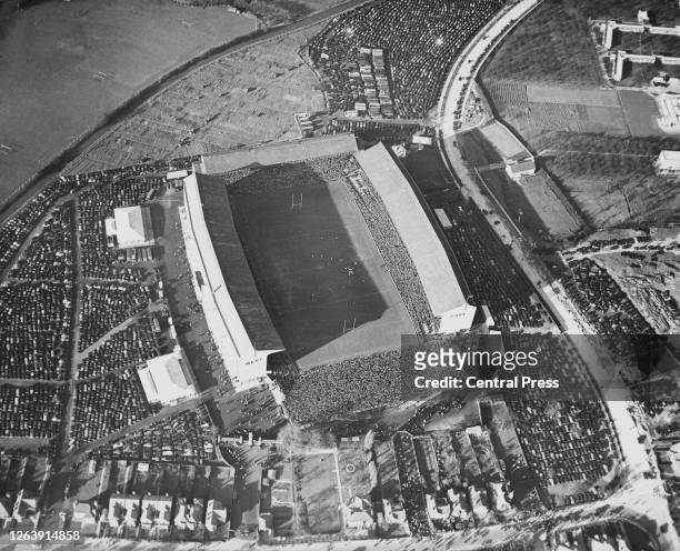 Aerial view of Twickenham Stadium, a rugby union stadium in southwest London, England, 1939. Designed by John Bradley, construction on the stadium...