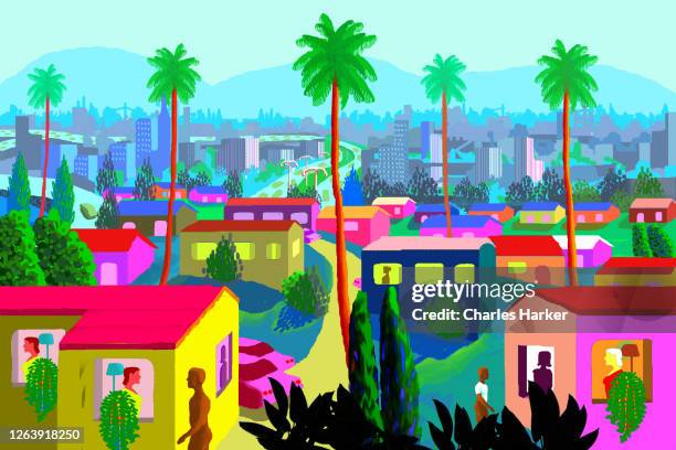 california suburbs landscape illustration in art cartoon style - oakland california skyline stock pictures, royalty-free photos & images