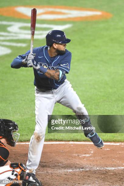 Jose Martinez of the Tampa Bay Rays prepares for a pitch during a baseball game game against the Baltimore Orioles on August 1, 2020 at Oriole Park...