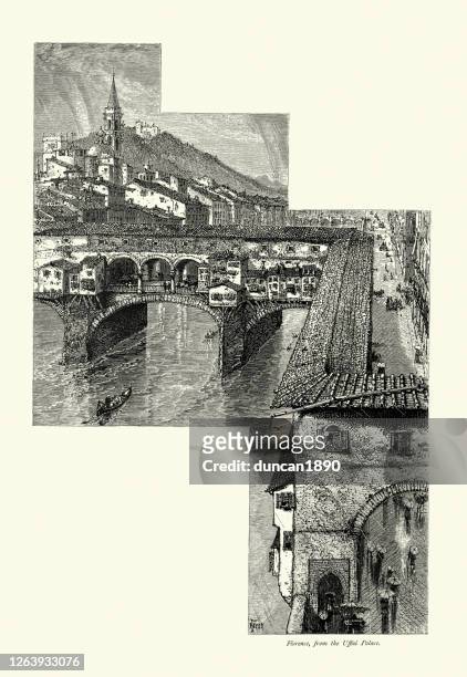 florence, arno river, people, rain, uffizi palace, italy, 19th century - florence italy stock illustrations