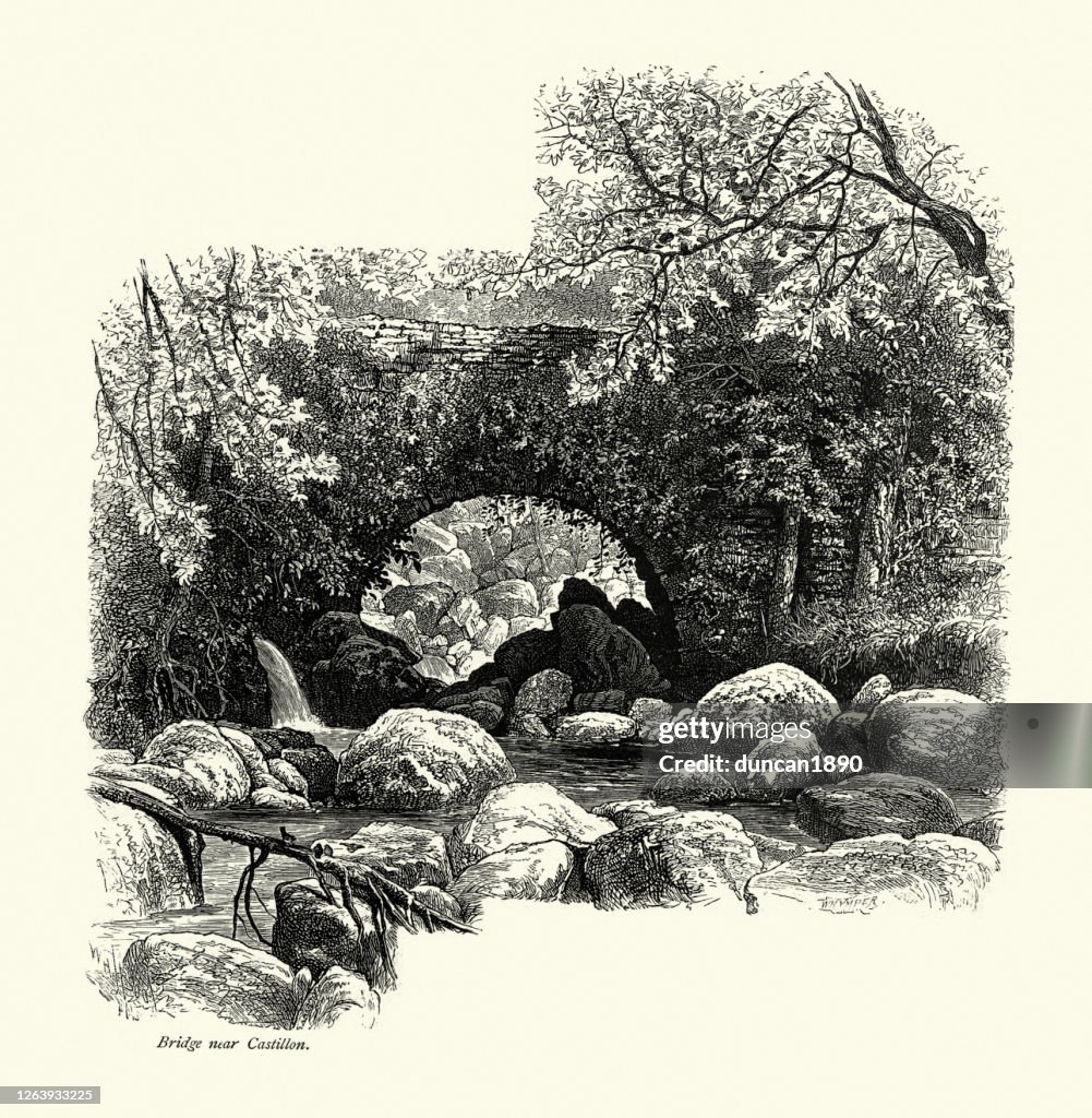 Brücke bei Castillon, felsiger Fluss Dordogne, Frankreich, 19. Jahrhundert