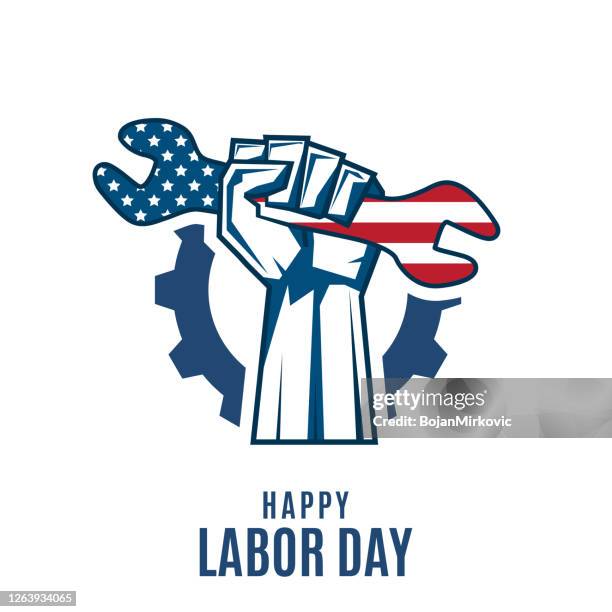 labor day background with fist holding wrench. vector - labor day stock illustrations