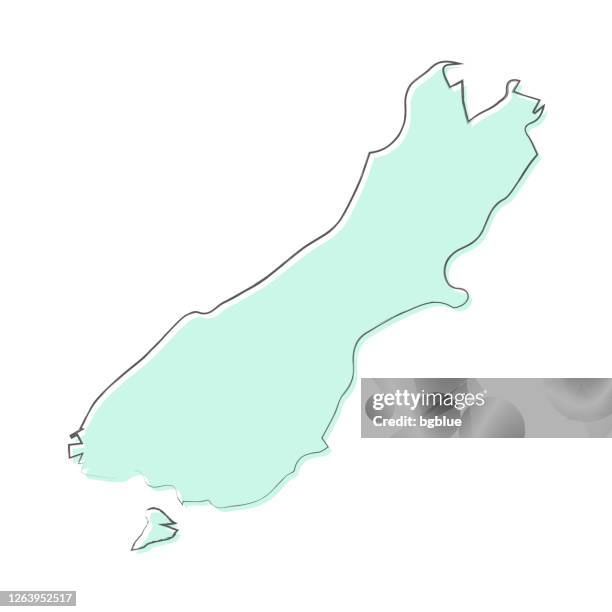 south island map hand drawn on white background - trendy design - christchurch new zealand stock illustrations