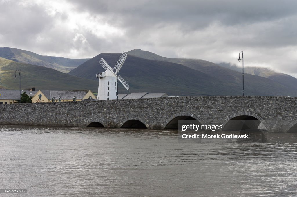 Blennerville Windmill Tralee Co Kerry Ireland, With cloudy sky over the mountains taken during summer 2020