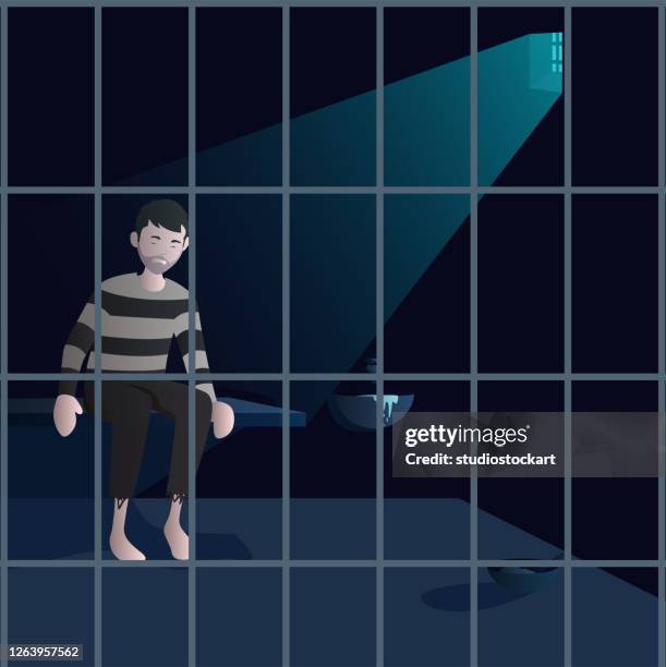 ilustraciones, imágenes clip art, dibujos animados e iconos de stock de hombre en la cárcel - crimen con arma de fuego