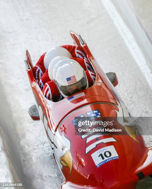 The USA-1 bobsled team of Todd Hays , Randy Jones, Bill Schuffenhauer, and Garret Hines compete in the 4-Man Bobsleigh event of the 2002 Winter...