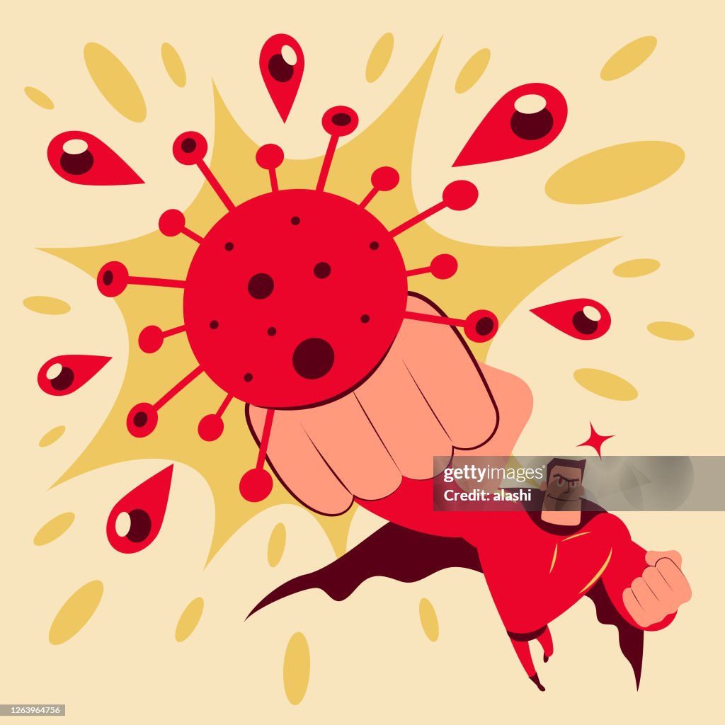 Superhero throws a punch at the new coronavirus (covid-19, bacterium, virus)