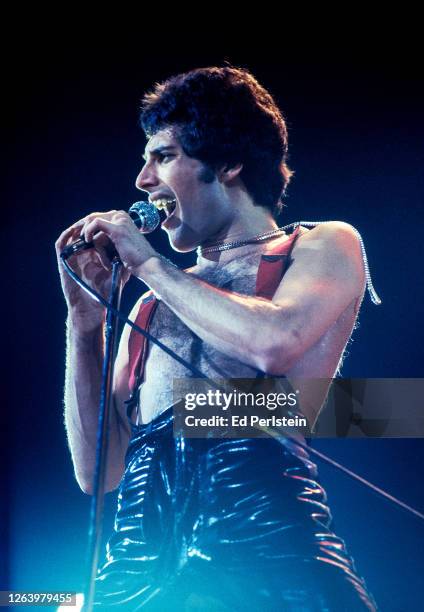 Freddie Mercury performs with Queen at the Oakland Coliseum on December 16, 1978 in Oakland, California.