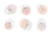 Continuous line flowers set with abstract circles. Trendy single line botanical illustration for print or web. Rose outline vector