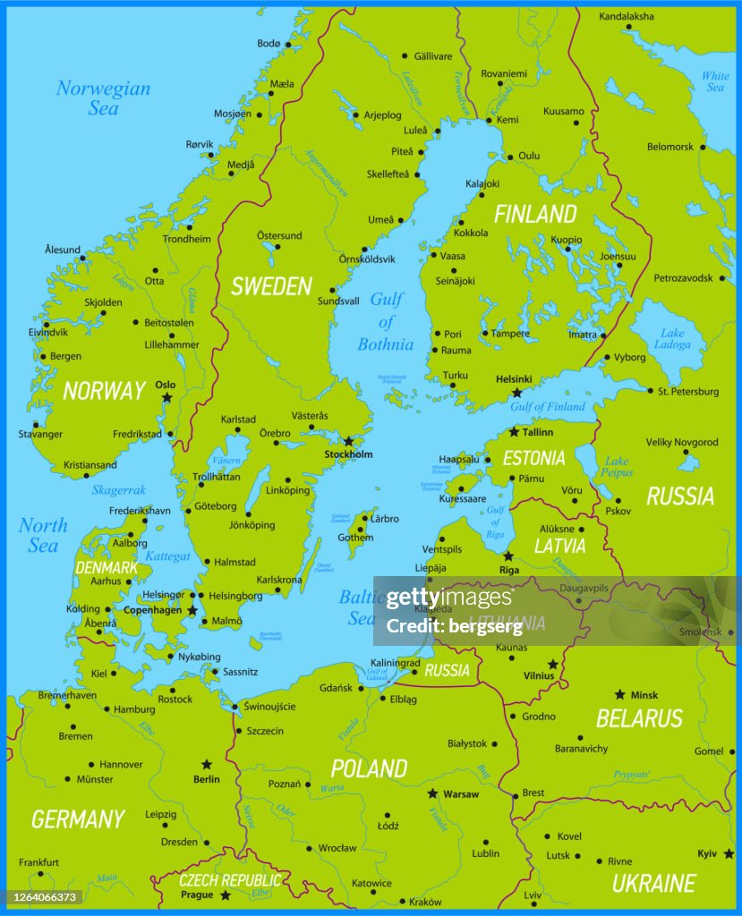 Baltic Map Rivers Baltic Sea Area Green Map Vector Map With Sea Lakes Rivers And ...