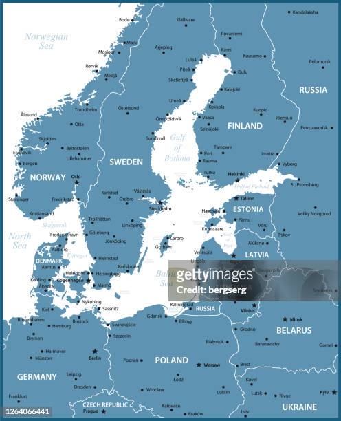 ilustrações, clipart, desenhos animados e ícones de área do mar báltico. mapa político com fronteiras geográficas da suécia, noruega, polônia, letônia e finlândia - mar do norte