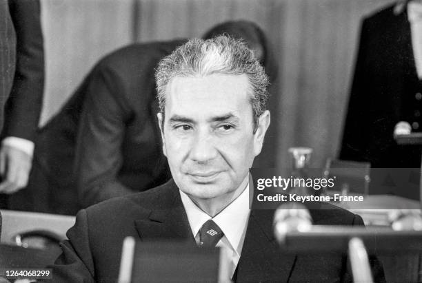 Aldo Moro, Ministre des affaires étrangères italien au Conseil de l'Europe le 15 décembre 1969, Paris, France.