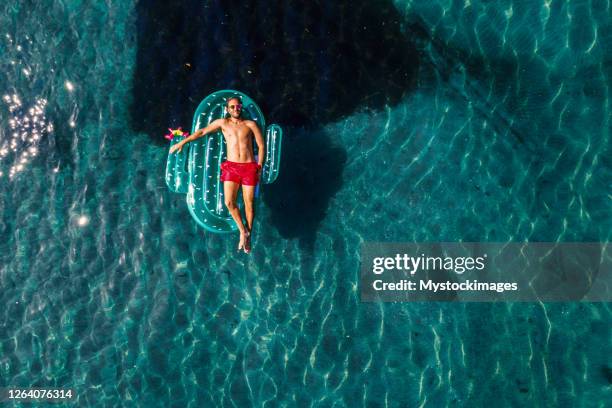 luchtmening van mens die op meer met opblaasbare cactus het zonnebaden drijft - drijven stockfoto's en -beelden