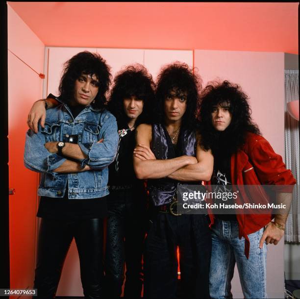 Kiss, photo shoot in Tokyo, Japan, April 1988. Gene Simmons , Bruce Kulick , Paul Stanley , Eric Singer .