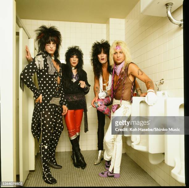 Motley Crue, photo shoot in Tokyo, Japan, July 1985. Nikki Sixx , Mick Mars , Tommy Lee , Vince Neil .