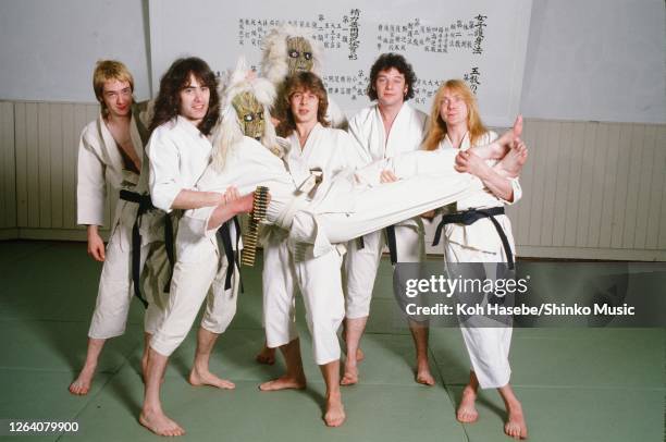 Iron Maiden, members wearing Japanese Kendo uniform during their first visit Japan, Nippon Budokan, Tokyo, Japan, May 1981. Adrian Smith , Steve...