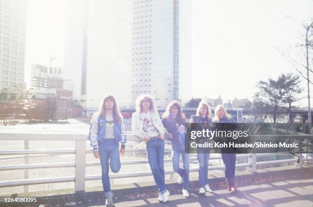Iron Maiden, band photo, Shinjuku, Tokyo, Japan, circa November/December 1982; they are : Clive Burr , Bruce Dickinson , Dave Murray, Steve Harris ,...