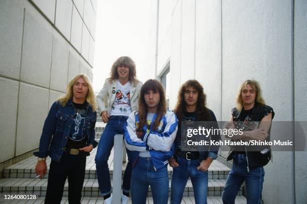 Iron Maiden, band photo, Shinjuku, Tokyo, Japan, circa November/December 1982; they are : Dave Murray , Clive Burr , Bruce Dickinson , Steve Harris ,...