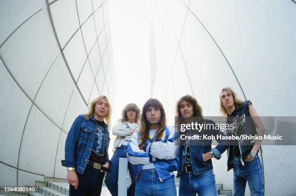 Iron Maiden, band photo, Shinjuku, Tokyo, Japan, circa November/December 1982; they are : Dave Murray , Clive Burr , Bruce Dickinson , Steve Harris ,...