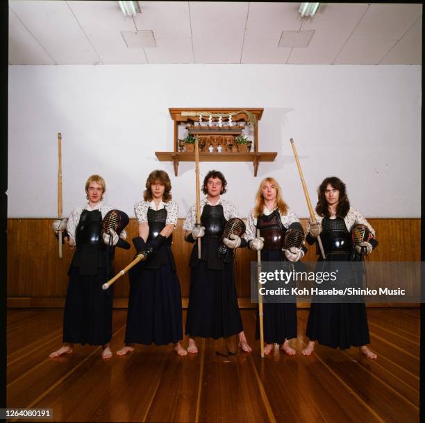 Iron Maiden, members wearing Japanese Kendo uniform during their first visit Japan, Nippon Budokan, Tokyo, Japan, May 1981. Clive Burr , Adrian Smith...