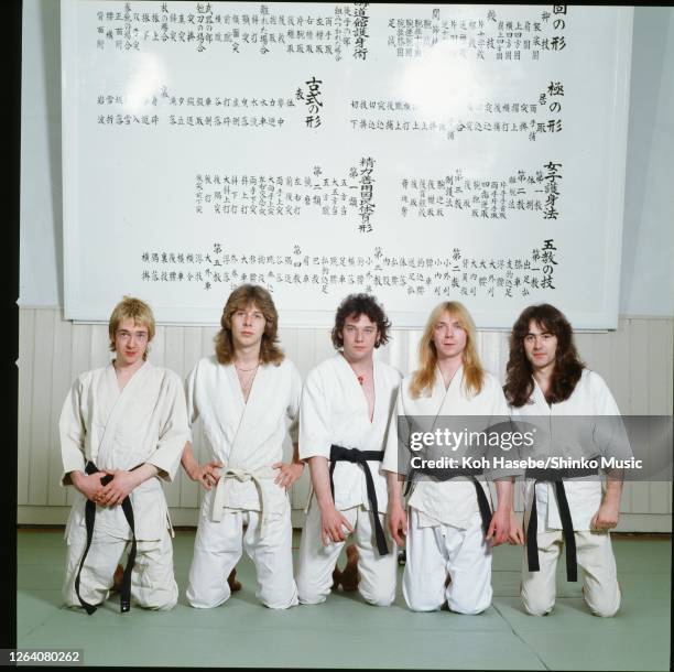 Iron Maiden, members wearing Japanese Judo uniform during their first visit Japan, Nippon Budokan, Tokyo, Japan, May 1981. Clive Burr , Adrian Smith...