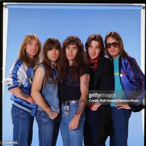 Iron Maiden, band photo, Tokyo, Japan, April 1986. Dave Murray , Bruce Dickinson , Steve Harris , Adrian Smith , Nico McBrain .