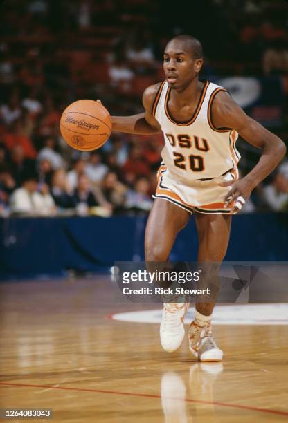 Gary Payton, Guard for the Oregon State Beavers dribbles the ball down court during the 1987/88 NCAA Pac-10 Conference college basketball season...