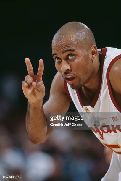 Brandon Granville, Guard for the University of Southern California USC Trojans makes a V sign signal during the NCAA Pac-10 Conference college...