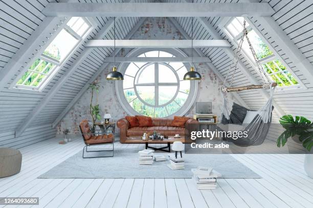modern attic living room interior - building conversion stock pictures, royalty-free photos & images
