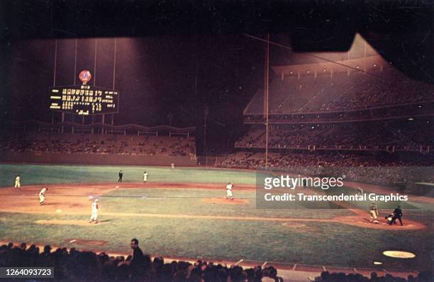View, from the grandstand, during a baseball game between the Los Angeles Dodgers and the Cincinnati Reds at Dodger Stadium, Los Angeles, California,...