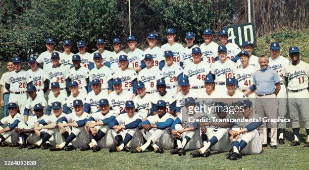 Official team portrait of members of the Los Angeles Dodgers baseball team as they pose on the field at Dodger Stadium, Los Angeles, California, 1970.