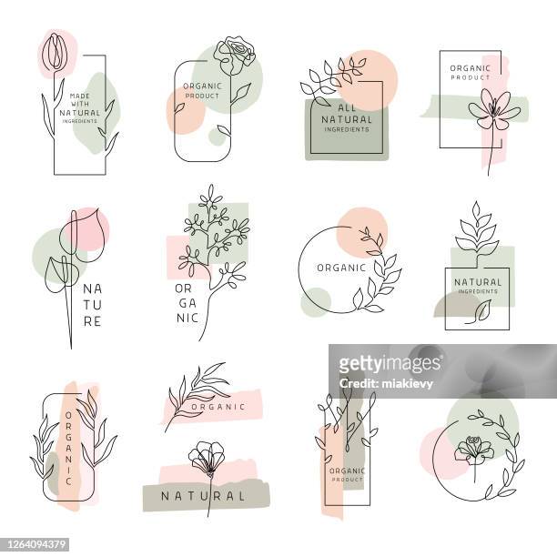 illustrazioni stock, clip art, cartoni animati e icone di tendenza di etichette floreali per prodotti naturali e biologici - fiore