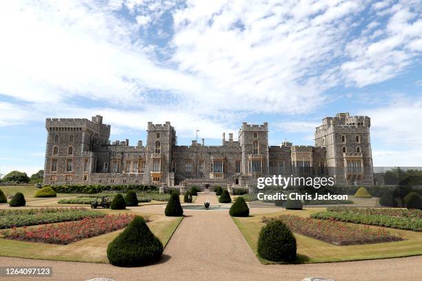 Visitors look around Windsor Castle's East Terrace Garden as it prepares to open to the public at Windsor Castle on August 05, 2020 in Windsor,...