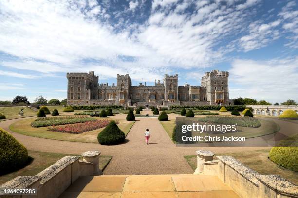 Visitors look around Windsor Castle's East Terrace Garden as it prepares to open to the public at Windsor Castle on August 05, 2020 in Windsor,...