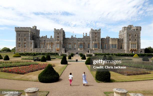 Visitors look around Windsor Castle's East Terrace Garden as it prepares to open to the public at Windsor Castle on August 05, 2020 in Windsor,...