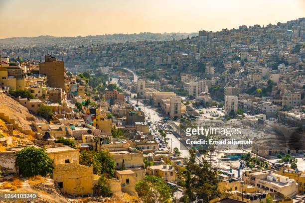 the amman city capital of jordan and the abu darwish mosque view from the hill of the citadel, or jabal al-qal'a - amman stock pictures, royalty-free photos & images