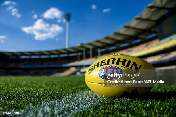 General view is seen during the round 10 AFL match between the Geelong Cats and the North Melbourne Kangaroos at The Gabba on August 05, 2020 in...