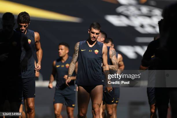 Gianluca Mancini looks on during an AS Roma Training Session And Press Conference at MSV Arena on August 05, 2020 in Duisburg, Germany.