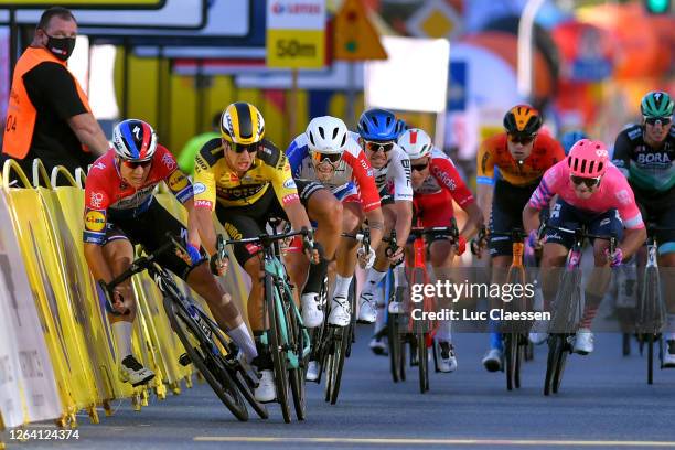 Sprint / Arrival / Dylan Groenewegen of The Netherlands and Team Jumbo - Visma / Fabio Jakobsen of The Netherlands and Team Deceuninck - Quick-Step /...