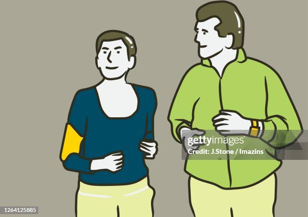 husband staring at wife - positive healthy middle age woman stock illustrations