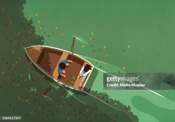 bildbanksillustrationer, clip art samt tecknat material och ikoner med autumn leaves falling around couple in rowboat on lake - woman outside