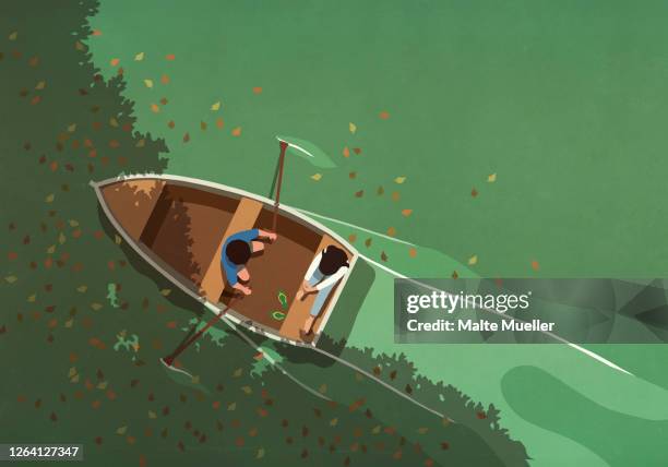 autumn leaves falling around couple in rowboat on lake - boyfriend 幅插畫檔、美工圖案、卡通及圖標