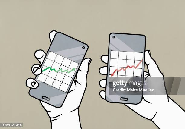 ilustrações, clipart, desenhos animados e ícones de pov hands holding conflicting investment data charts on smart phone screens - uncertainty