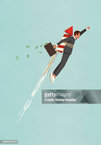 illustrazioni stock, clip art, cartoni animati e icone di tendenza di businessman with rocket accelerating upwards - motivazione