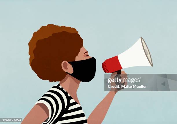 illustrazioni stock, clip art, cartoni animati e icone di tendenza di black woman in face mask using megaphone - megafono