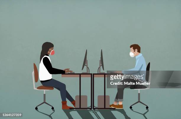 business people in face masks working at computers - computer virus stock-grafiken, -clipart, -cartoons und -symbole
