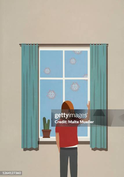 ilustrações de stock, clip art, desenhos animados e ícones de woman at window watching floating coronavirus particles - fotografia de três quartos