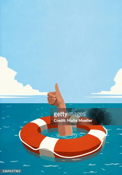 illustrazioni stock, clip art, cartoni animati e icone di tendenza di sinking man below life ring gesturing thumbs up - speranza