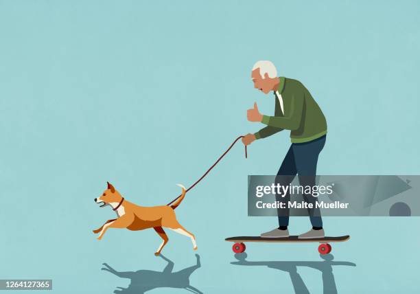 dog on leash pulling excited senior man on skateboard - aging process stock illustrations